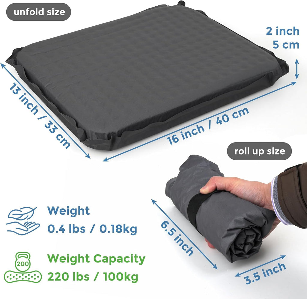 2-Pack Self-Inflating Seat Cushion, 16x13 inches Portable Foam Sit Pad with Adjustable Firmness for Airplane Travel, Long Flights, Stadium Bleachers, Hiking, Camping & Office Chairs - Gray