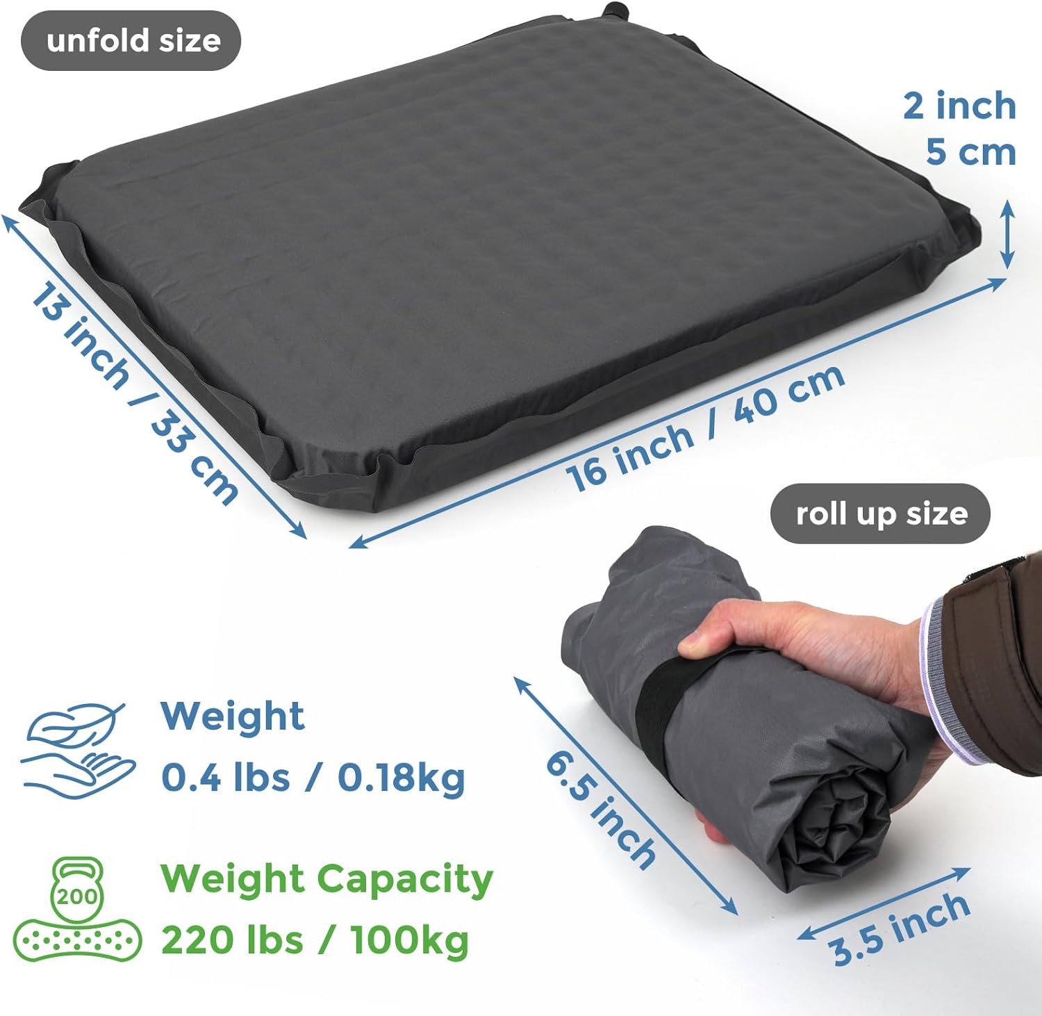2-Pack Self-Inflating Seat Cushion, 16x13 inches Portable Foam Sit Pad with Adjustable Firmness for Airplane Travel, Long Flights, Stadium Bleachers, Hiking, Camping & Office Chairs - Gray