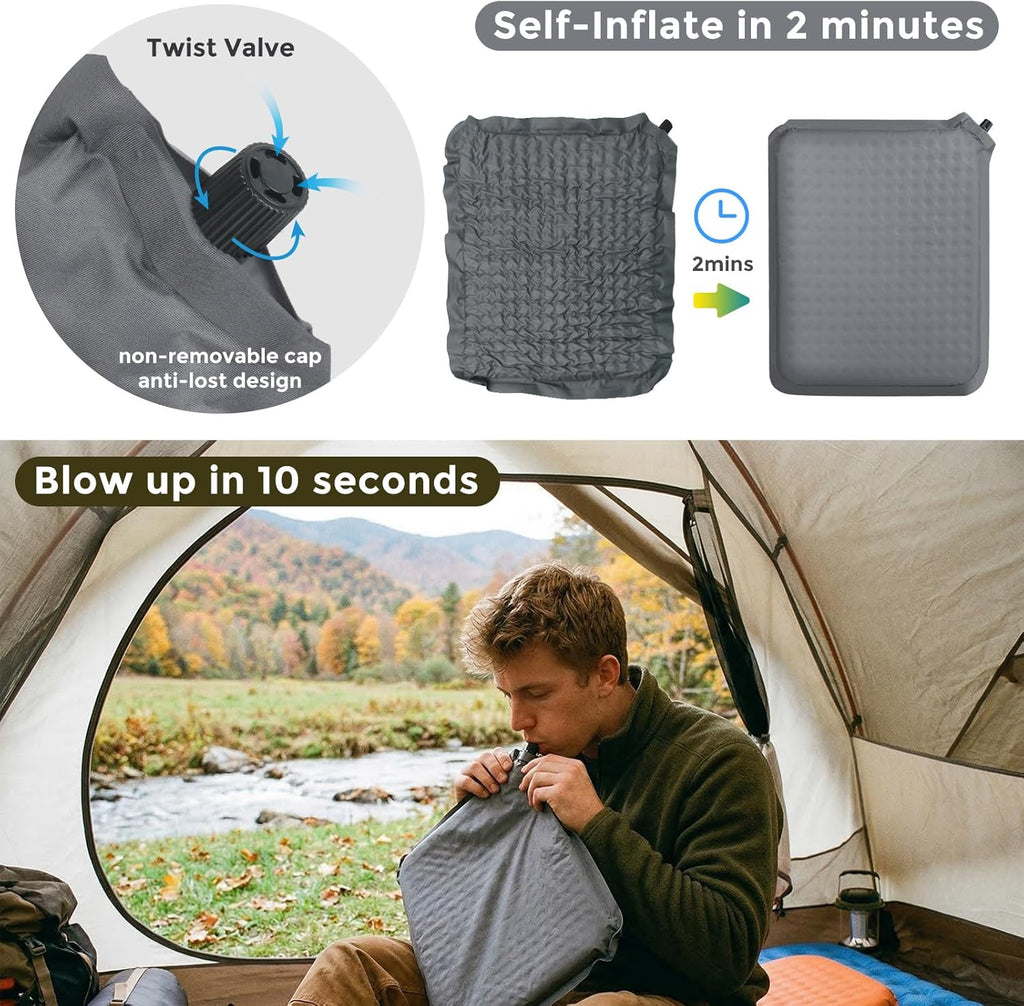 2-Pack Self-Inflating Seat Cushion, 16x13 inches Portable Foam Sit Pad with Adjustable Firmness for Airplane Travel, Long Flights, Stadium Bleachers, Hiking, Camping & Office Chairs - Gray